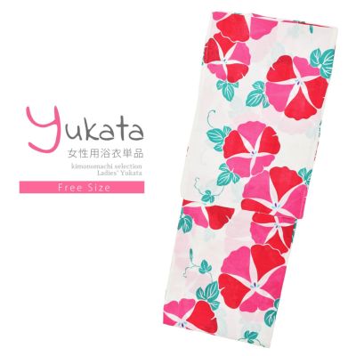 【Prices down】浴衣 レディース 単品 「白地　赤×ピンク、朝顔」 フリーサイズ レトロ モダン 大人柄 女性浴衣単品 yukata 【メール便不可】ss2406ykl20