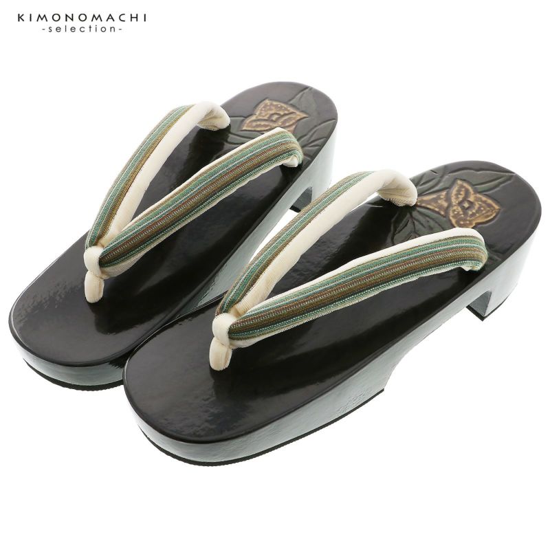 下駄 レディース 「高右近　鎌倉彫　カラー、緑縞」女性下駄単品 痛くなりにくい 日本製 鎌倉彫高級下駄 女下駄 女性 桐下駄 浴衣・夏着物に 浴衣下駄