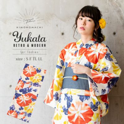 【Prices down】浴衣 レディース 単品 「朝顔　黄と赤」 S F TL LL サイズ KIMONOMACHI 京都きもの町 オリジナル レトロ モダン かわいい 大人柄 変わり織り綿 女性浴衣単品 女浴衣 ゆかた yukata 【メール便不可】s