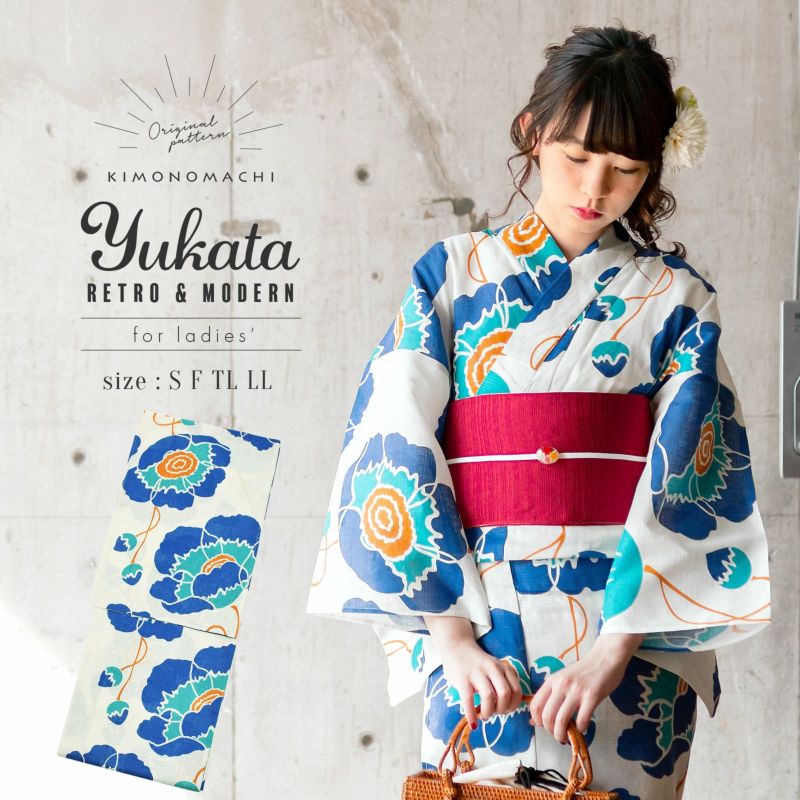 浴衣 レディース 単品 「レトロフラワー　ブルー」 S F TL LL サイズ KIMONOMACHI 京都きもの町 オリジナル レトロ モダン かわいい 大人柄 変わり織り綿 女性浴衣単品 女浴衣 ゆかた yukata