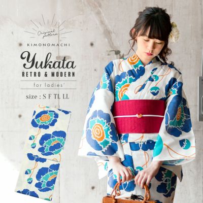 【Prices down】浴衣 レディース 単品 「レトロフラワー　ブルー」 S F TL LL サイズ KIMONOMACHI 京都きもの町 オリジナル レトロ モダン かわいい 大人柄 変わり織り綿 女性浴衣単品 女浴衣 ゆかた yukata 【メー