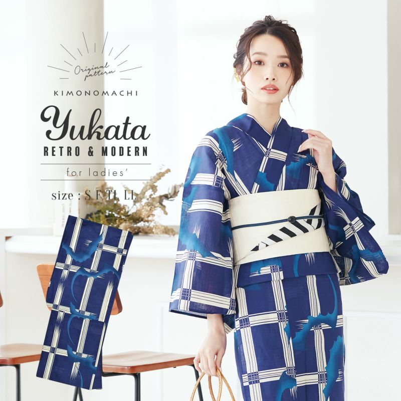 浴衣 レディース 単品 「紺色 格子にコウモリ」 S F TL LL サイズ KIMONOMACHI 京都きもの町 オリジナル レトロ モダン かわいい 大人柄 変わり織り綿 女性浴衣単品 女浴衣 ゆかた yukata