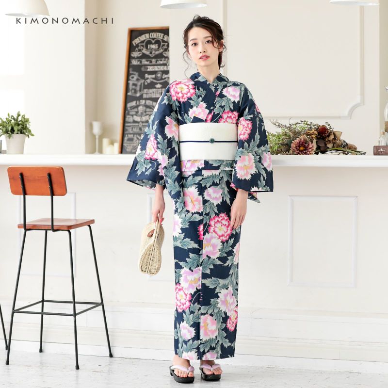 Prices down2】浴衣 レディース 単品 「紺色 芍薬」 S F TL LL