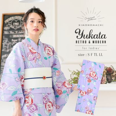 【Prices down】浴衣 レディース 単品 「パープル 薔薇」 S F TL LL サイズ KIMONOMACHI 京都きもの町 オリジナル レトロ モダン かわいい 大人柄 変わり織り綿 女性浴衣単品 女浴衣 ゆかた yukata 【メール便不可】
