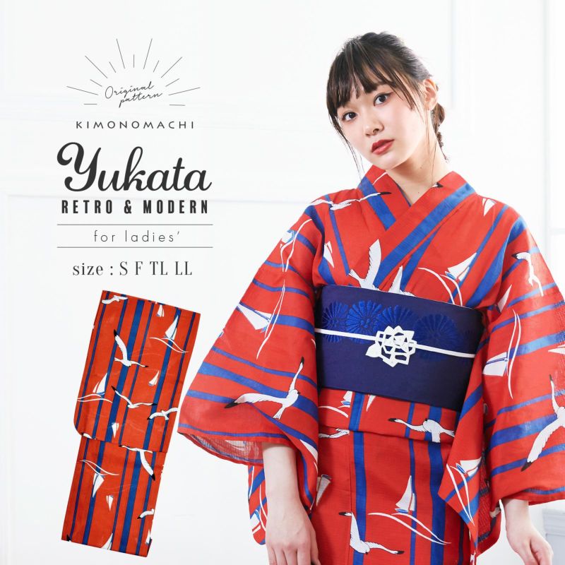 浴衣 レディース 単品 「レッド ヨットとカモメ」 S F TL LL サイズ KIMONOMACHI 京都きもの町 オリジナル レトロ モダン かわいい 大人柄 変わり織り綿 女性浴衣単品 女浴衣 ゆかた yukata