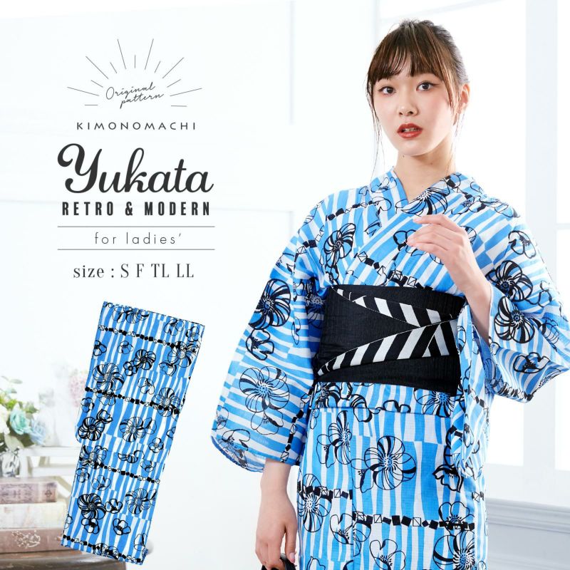 浴衣 レディース 単品 「ブルー レトロフラワー」 S F TL LL サイズ KIMONOMACHI 京都きもの町 オリジナル レトロ モダン かわいい 大人柄 変わり織り綿 女性浴衣単品 女浴衣 ゆかた yukata