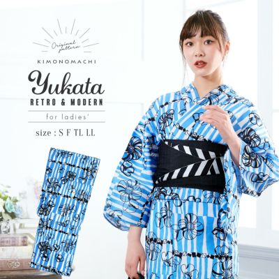【Prices down】浴衣 レディース 単品 「ブルー レトロフラワー」 S F TL LL サイズ KIMONOMACHI 京都きもの町 オリジナル レトロ モダン かわいい 大人柄 変わり織り綿 女性浴衣単品 女浴衣 ゆかた yukata 【メール