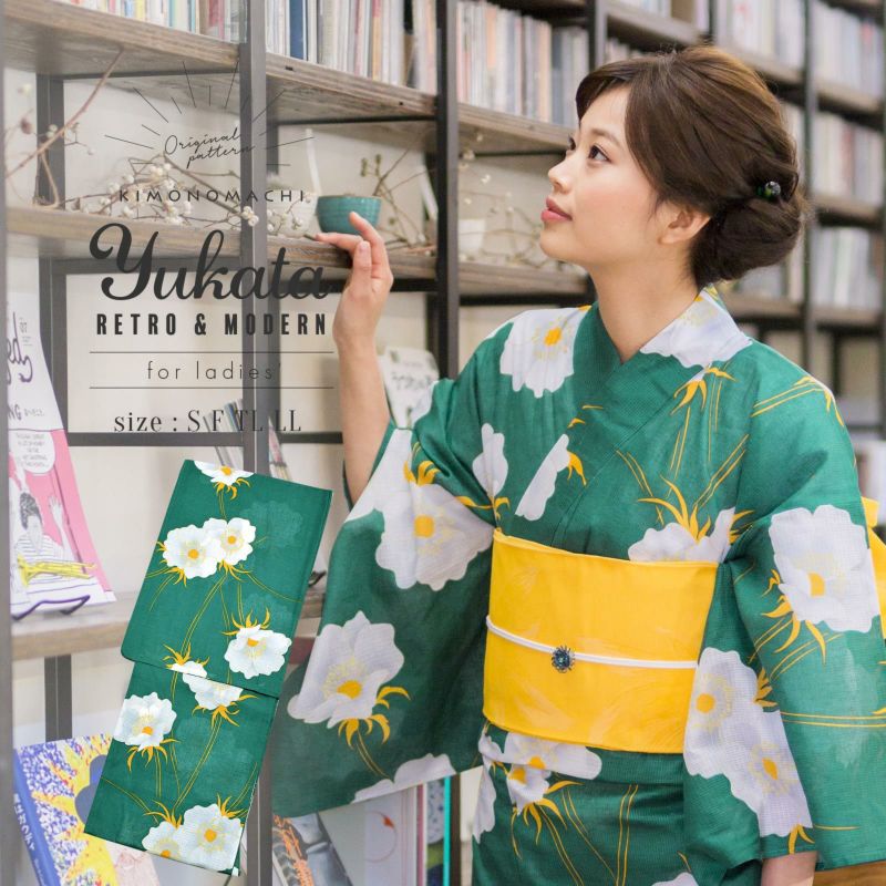 浴衣 レディース 単品 「クロムグリーン ポピー」 S F TL LL サイズ KIMONOMACHI 京都きもの町 オリジナル レトロ モダン かわいい 大人柄 変わり織り綿 女性浴衣単品 女浴衣 ゆかた yukata