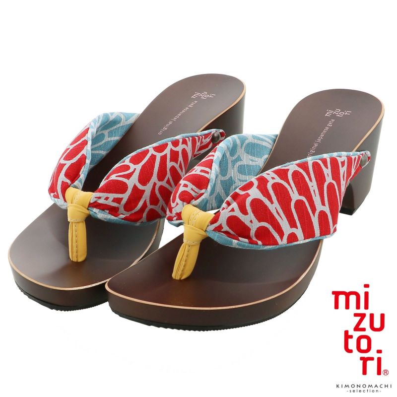 下駄 レディース 「みずとりの下駄 hitete KCL-09-L　伊砂文様・菊×アカ／伊砂文様・菊×セイジ・黄（むす美）」女性下駄単品 日本製 足が痛くなりにくい 履き心地の良い下駄 女下駄 女性 桐下駄 浴衣・夏着物に 浴衣下駄