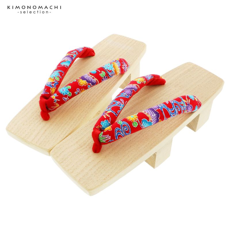 下駄 レディース 二枚歯下駄単品 「白木　赤地、紅型調」芳町 女性下駄単品 痛くなりにくい 日本製 女下駄 女性 桐下駄 二本歯 浴衣・夏着物に 浴衣下駄