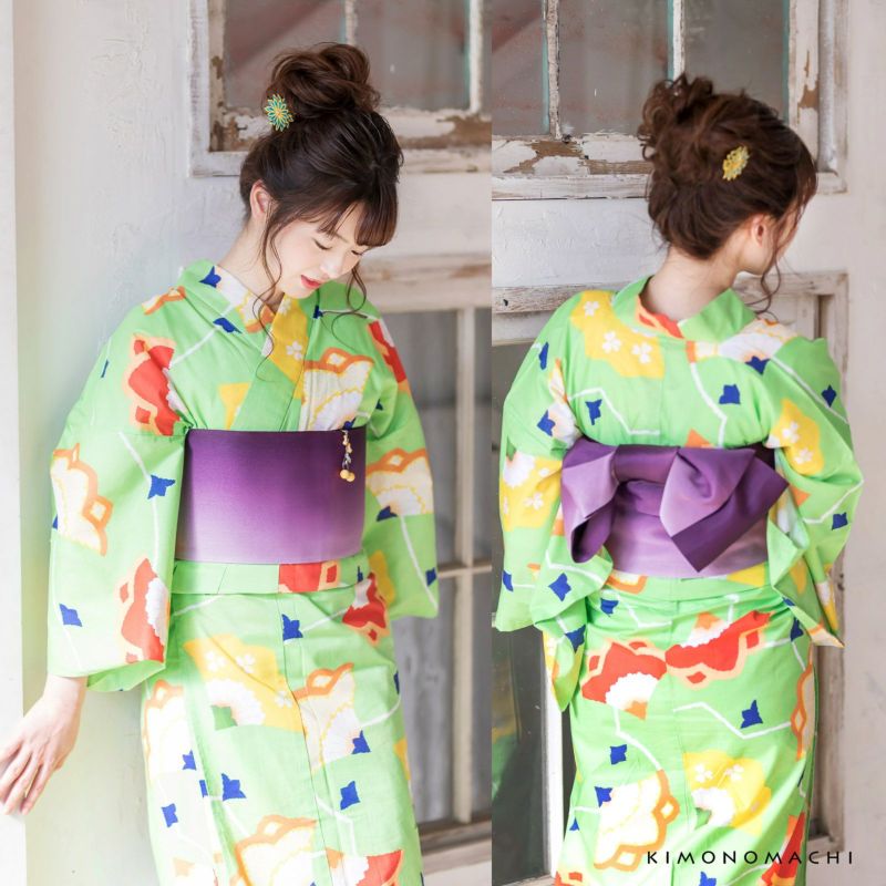 ふりふ　浴衣　帯　ストライプ柄 半幅帯 紫 緑 ふりふ 浴衣 帯 ストライプ柄 半幅帯 紫 緑 ふりふ 浴衣 帯 ストライプ