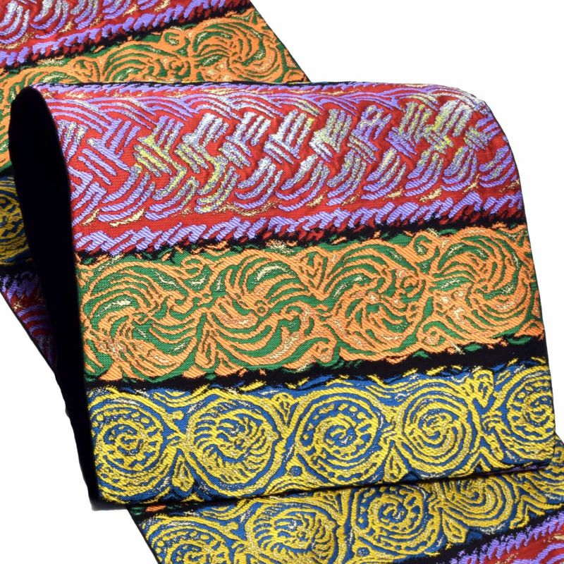 洒落袋帯 「黒地 ギローシュ石彫文」 河崎工房謹製 西陣織証紙番号No.2430 六通柄 日本製 西陣織 絹 未仕立て 訪問着用 色無地用 付下げ用 洒落用袋帯 新品 未使用