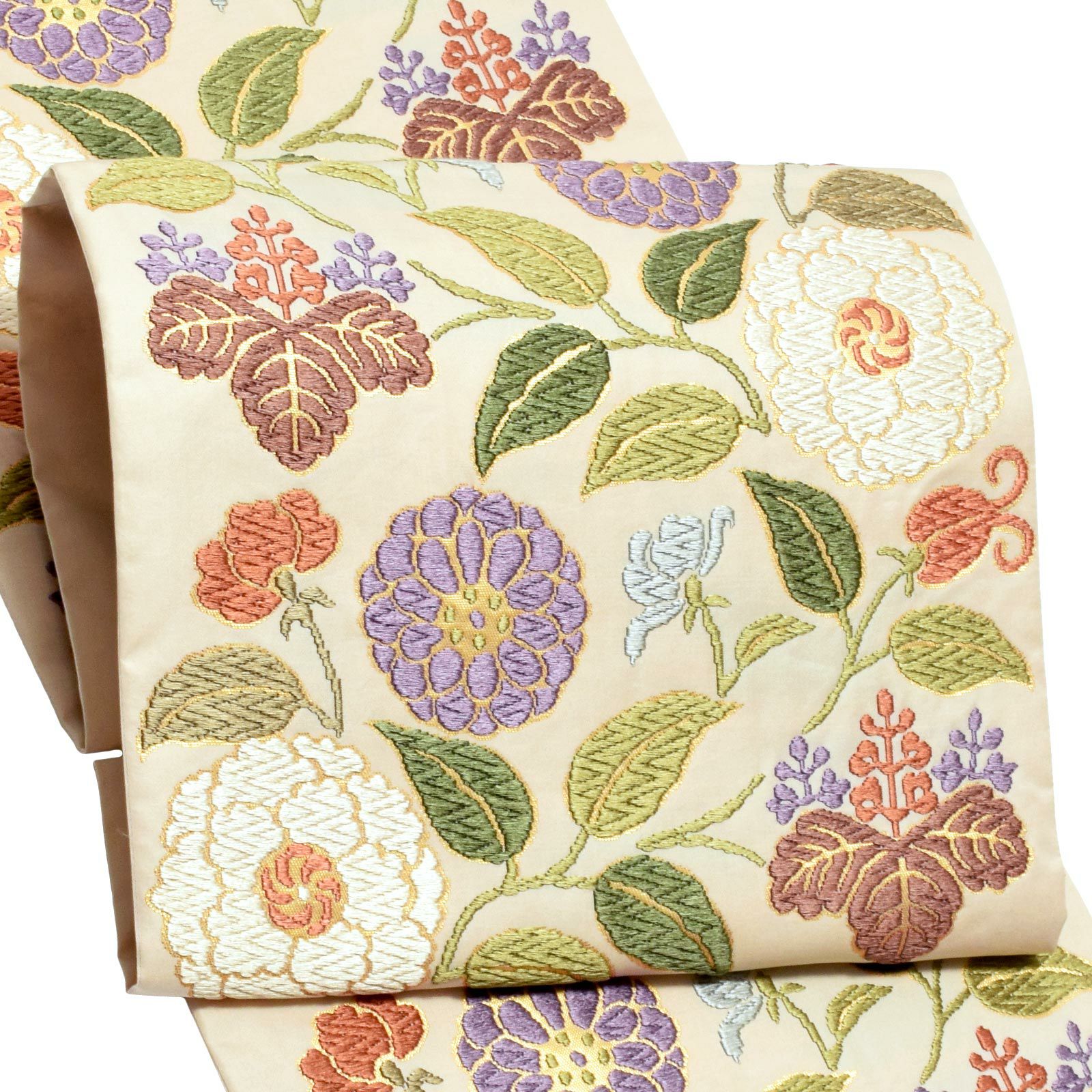 Prices down】唐織袋帯 「生成り色地 菊唐草」 錦工芸謹製 六通柄 日本  