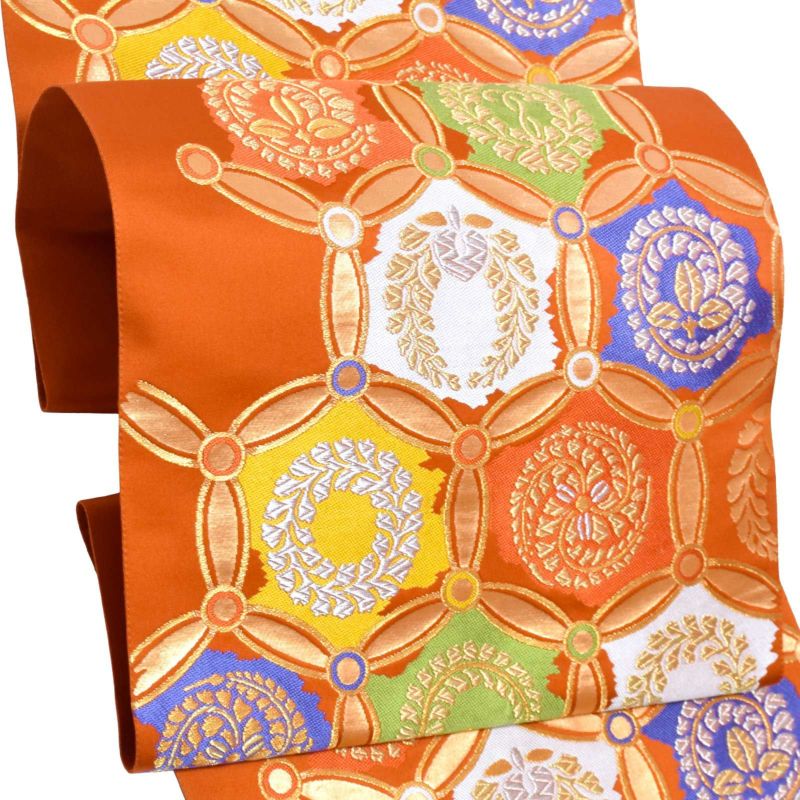 振袖 帯 振袖用袋帯 「朱色地　輪繋ぎに藤紋」となみ織物謹製 西陣証紙番号No.452 六通柄 オレンジ 橙 日本製 西陣織 絹 未仕立て 振袖用 礼装用袋帯 新品 未使用