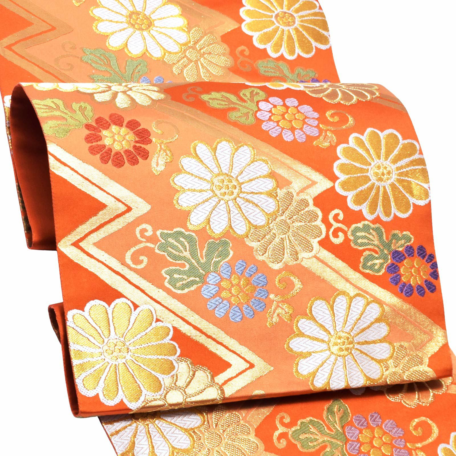 Prices down3】振袖 帯 振袖用袋帯 「朱色地 山道文に菊」となみ織物  