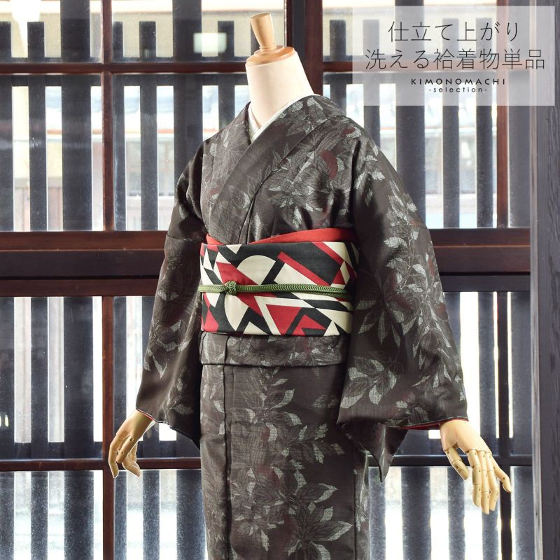 洗える着物 袷着物 単品 「濡れ羽色　葉文様　TM-18」 お仕立て上がり レディース カジュアル着物 ポリエステル着物 プレタ着物