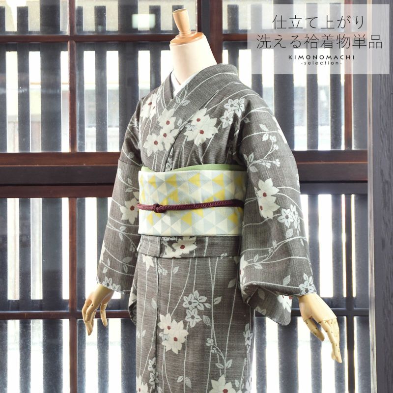 洗える着物 袷着物 単品 「カーキグレー　花枝　TM-22」 お仕立て上がり レディース カジュアル着物 ポリエステル着物 プレタ着物