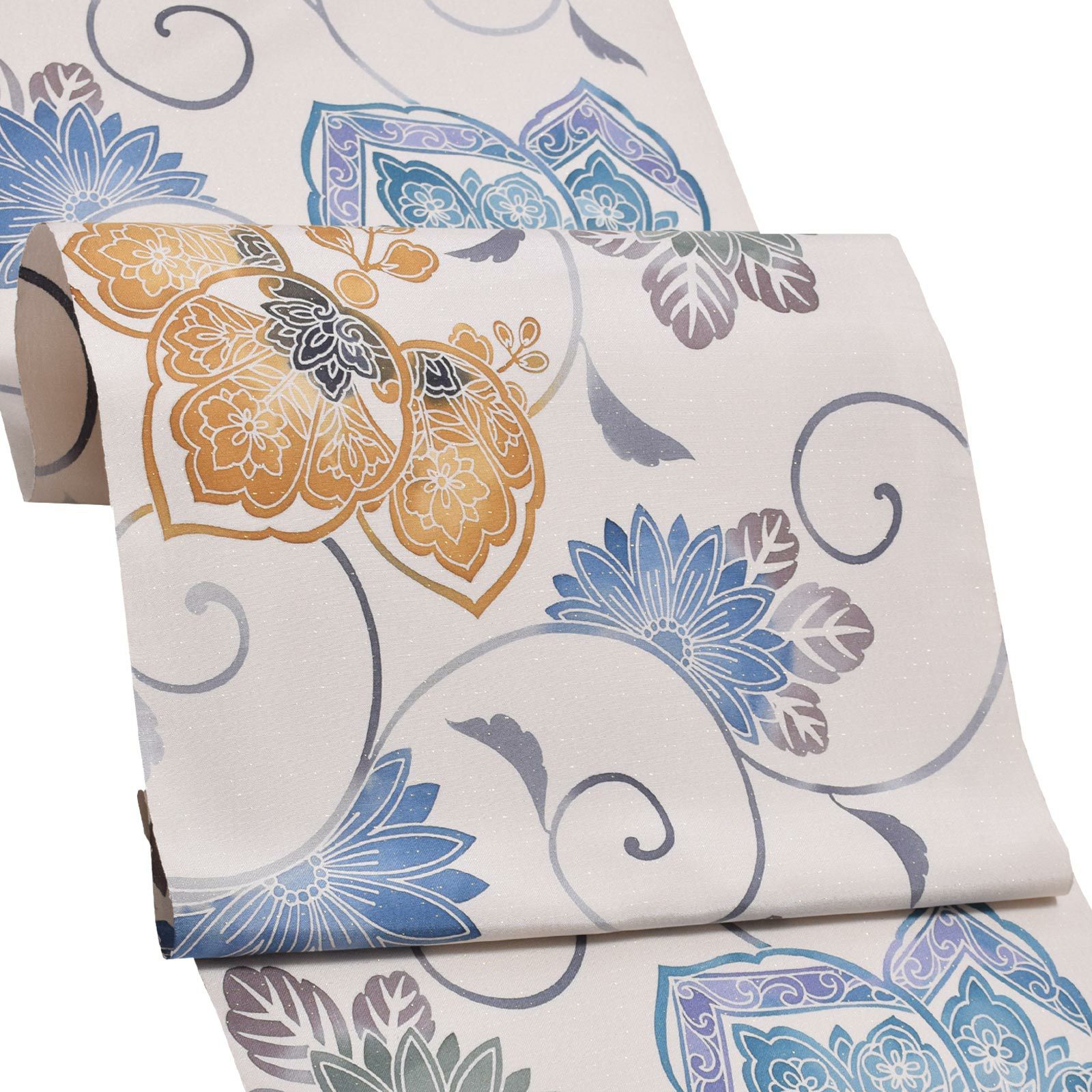 大島染め名古屋帯 「白鼠地　山吹茶に桐と菊」 本場大島紬 正絹帯 九寸帯 正絹名古屋帯 日本製 絹 未仕立て 新品 未使用