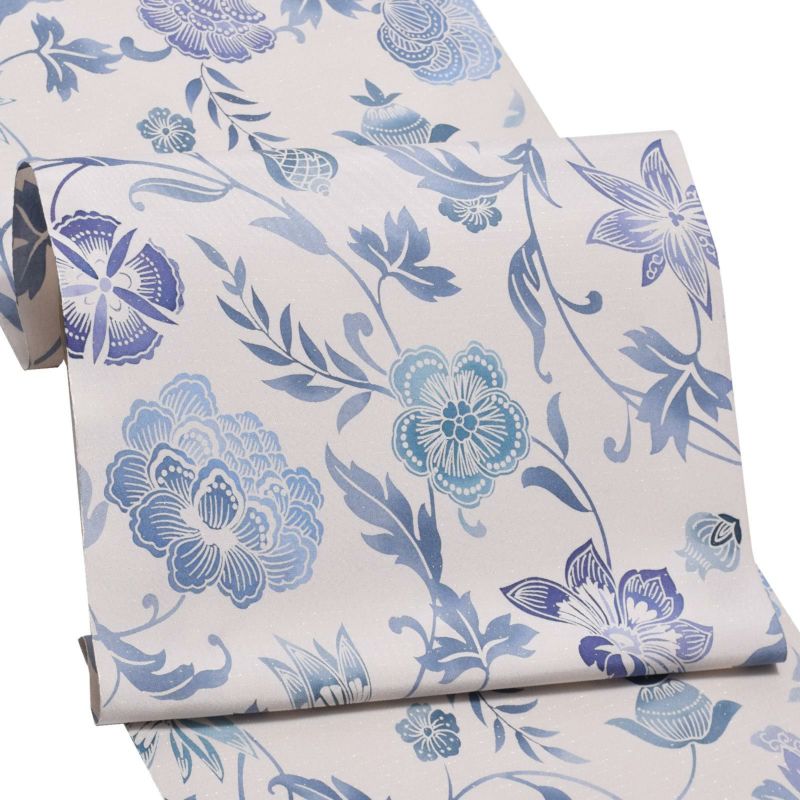 大島染め名古屋帯 「白鼠地　薄藍花唐草」 本場大島紬 正絹帯 九寸帯 正絹名古屋帯 日本製 絹 未仕立て 新品 未使用