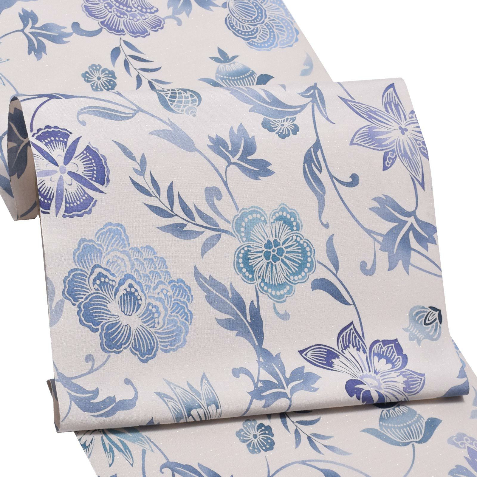 大島染め名古屋帯 「白鼠地　薄藍花唐草」 本場大島紬 正絹帯 九寸帯 正絹名古屋帯 日本製 絹 未仕立て 新品 未使用