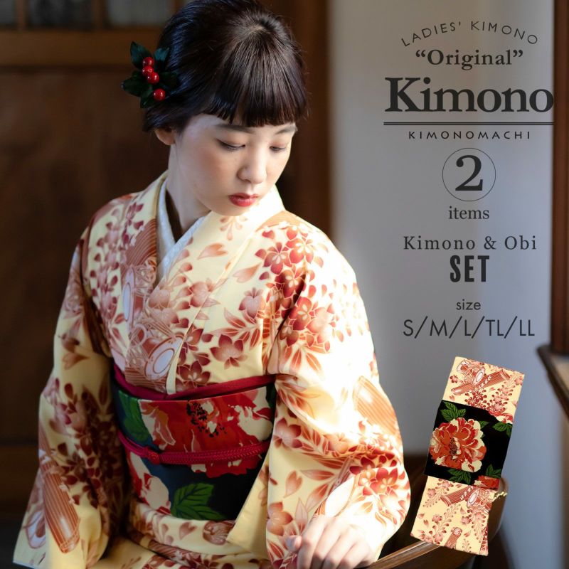 洗える着物 セット 「袷着物：クリーム　和楽器＋京袋帯：黒地　牡丹」 KIMONOMACHI オリジナル 着物と帯の2点セット サイズS/M/L/TL/LL コーディネート済み着物セット 小紋 レディース キモノ