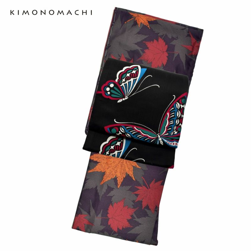 洗える着物 セット 「袷着物：楓 深紫＋京袋帯：黒地 蝶