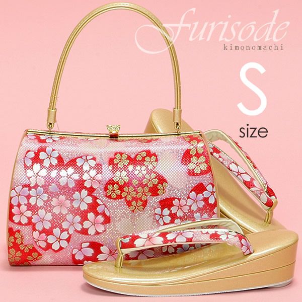振袖 草履 バッグ 成人式 「ピンク×赤ラメ　桜　草履Sサイズ（1の2枚芯） 22cm前後」 女性用 レディース 振袖用草履バッグセット 痛くない 履物 ぞうり 和服草履 女性履物 着物 和装
