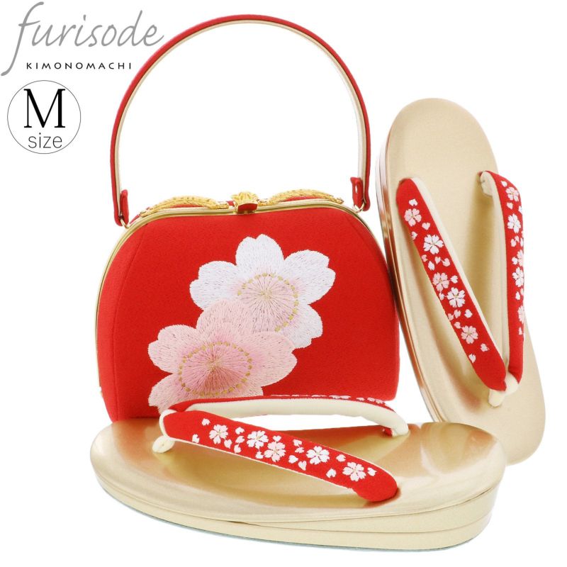 振袖 草履 バッグ 成人式 「赤色 桜刺繍　草履Mサイズ　23.5cm前後」 女性用 レディース 振袖用草履バッグセット 痛くない 履物 ぞうり 和服草履 女性履物 着物 和装