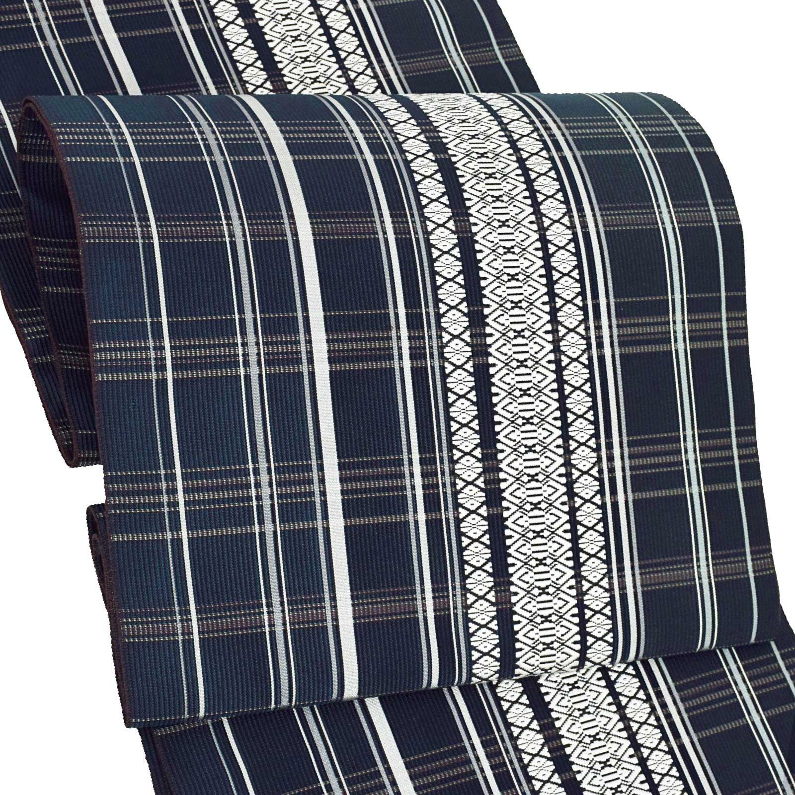 【新古品】「紺地　格子縞　献上柄　美品　袋帯　洒落帯」 仕立て上がり 洒落帯 紺 格子柄 ネイビー 美品 正絹