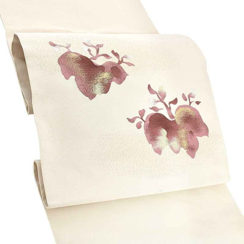 【中古品】「クリーム地　蔦　金暈し」仕立て上がり 名古屋帯 九寸帯 お太鼓 正絹