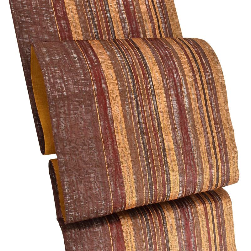 【新古品】「すくい織　縦縞　海老茶　マルーン　柑子色　栗色」仕立て上がり 袋帯 全通柄 正絹