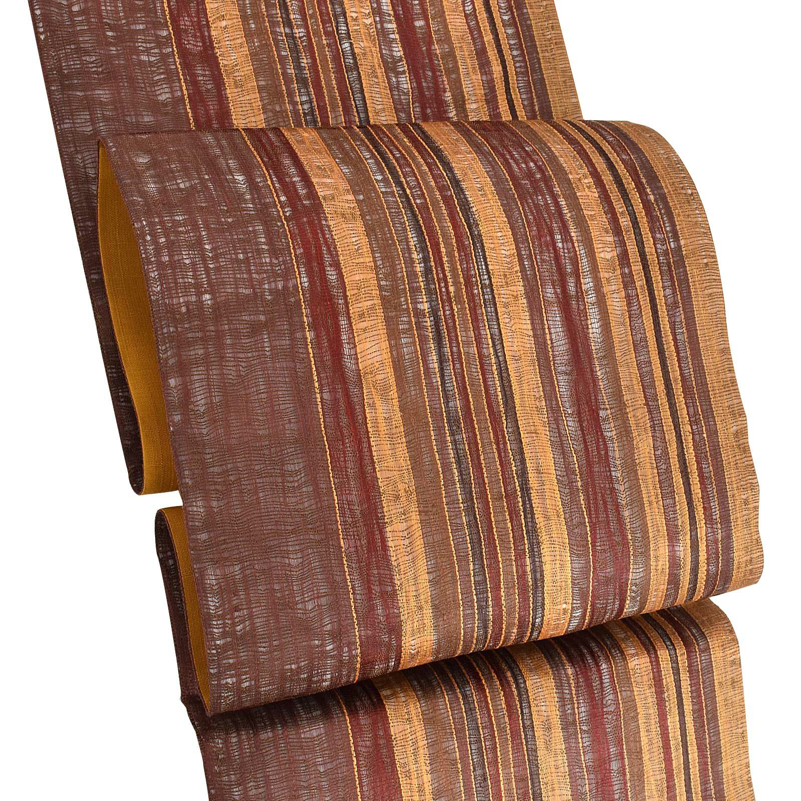 【新古品】「すくい織　縦縞　海老茶　マルーン　柑子色　栗色」仕立て上がり 袋帯 全通柄 正絹