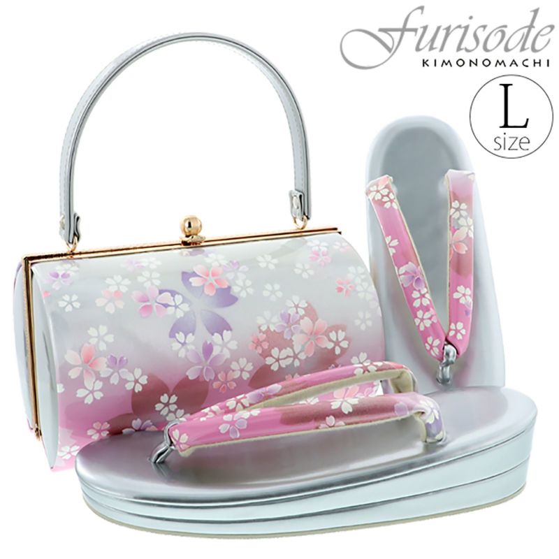 振袖 草履 バッグ 成人式 「シルバー×ピンク　桜　草履Lサイズ　24cm前後　二枚芯」 女性用 レディース 振袖用草履バッグセット 痛くない 履物 ぞうり 和服草履 女性履物 着物 和装