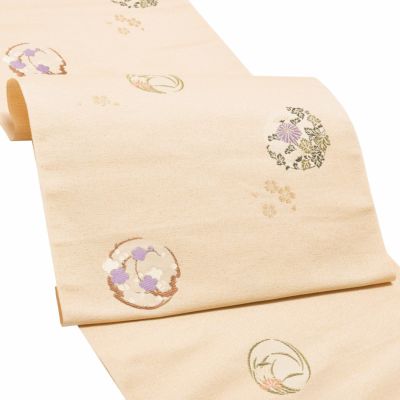 【Prices down】未仕立て名古屋帯 「ベージュ　四季花の丸文」 正絹帯 九寸帯 洒落帯 お洒落着用 西陣織 正絹名古屋帯 日本製 絹 未仕立て 新品 未使用 京ロマン 【メール便不可】＜T＞ss2503ong10