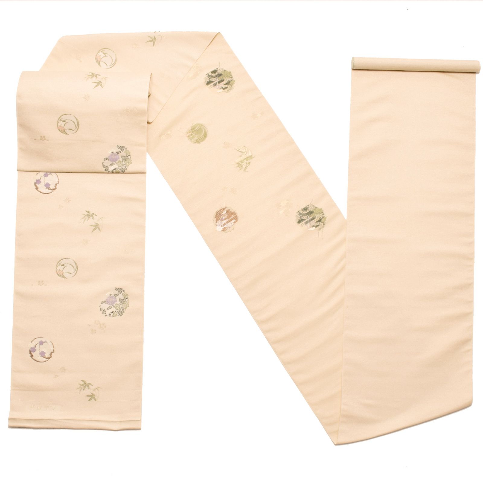 Prices down】未仕立て名古屋帯 「ベージュ 四季花の丸文」 正絹帯 九 