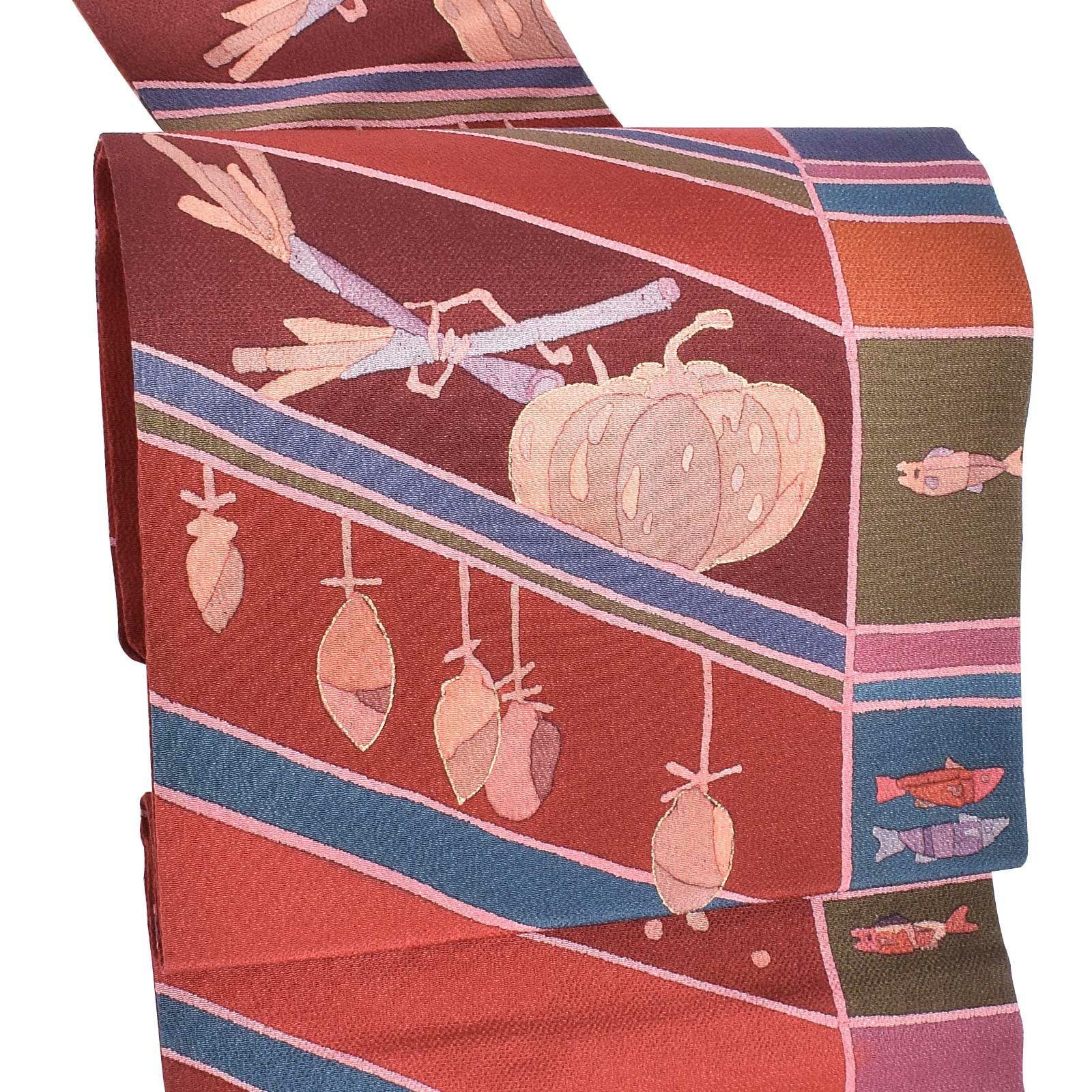 【新古品】「縮緬　赤茶色　秋の味覚」仕立て上がり 名古屋帯 九寸帯 全通柄