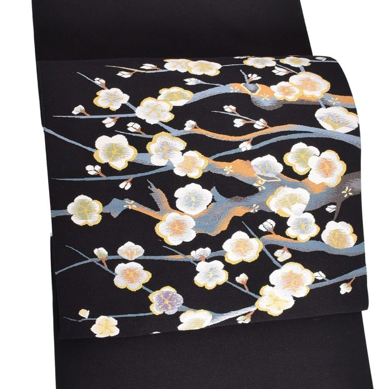 【新古品】「黒地　白梅」仕立て上がり 名古屋帯 九寸帯 お太鼓柄 松葉仕立て