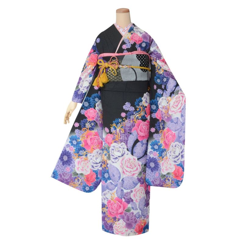 【中古品】振袖 単品「黒×紫　薔薇」襦袢プレゼント 貸衣装処分 レンタル処分品