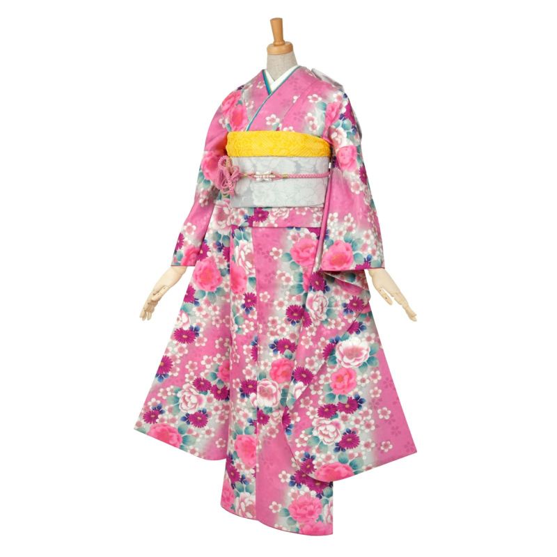 【Prices down2】【中古品】振袖 単品「ピンクにグリーンぼかし　桜と菊」襦袢プレゼント 貸衣装処分 レンタル処分品【メール便不可】ss2309kr110