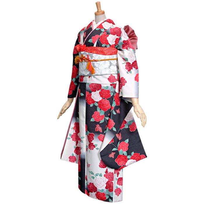 中古品 振袖 単品 白 黒 市松バラ 和風館 ブランド 襦袢プレゼント 貸衣装処分 レンタル処分品 メール便不可 京都きもの町 本店 着物通販 留袖 訪問着 振袖 レトロ浴衣 七五三
