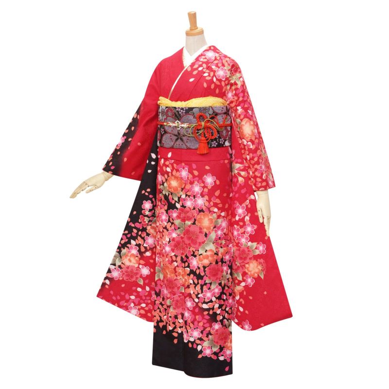 【中古品】振袖 単品「ローズ　桜づくし」薔薇 襦袢プレゼント 貸衣装処分 レンタル処分品