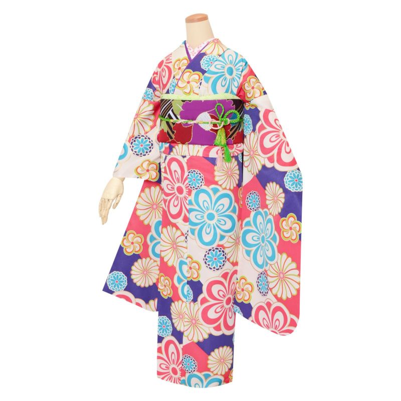 【中古品】振袖 単品「ベージュ×ピンク×紫　梅菊」襦袢プレゼント 貸衣装処分 レンタル処分品