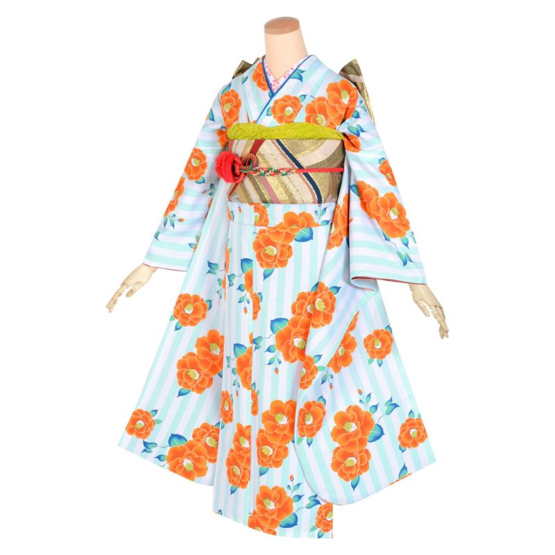 【中古品】振袖 単品「白×緑 縦縞 椿」襦袢プレゼント 貸衣装処分 レンタル処分品