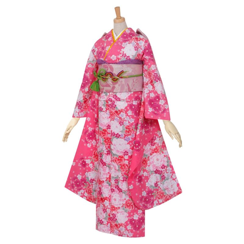 【中古品】振袖 単品「ピンク　牡丹に小桜」襦袢プレゼント 貸衣装処分 レンタル処分品【メール便不可】