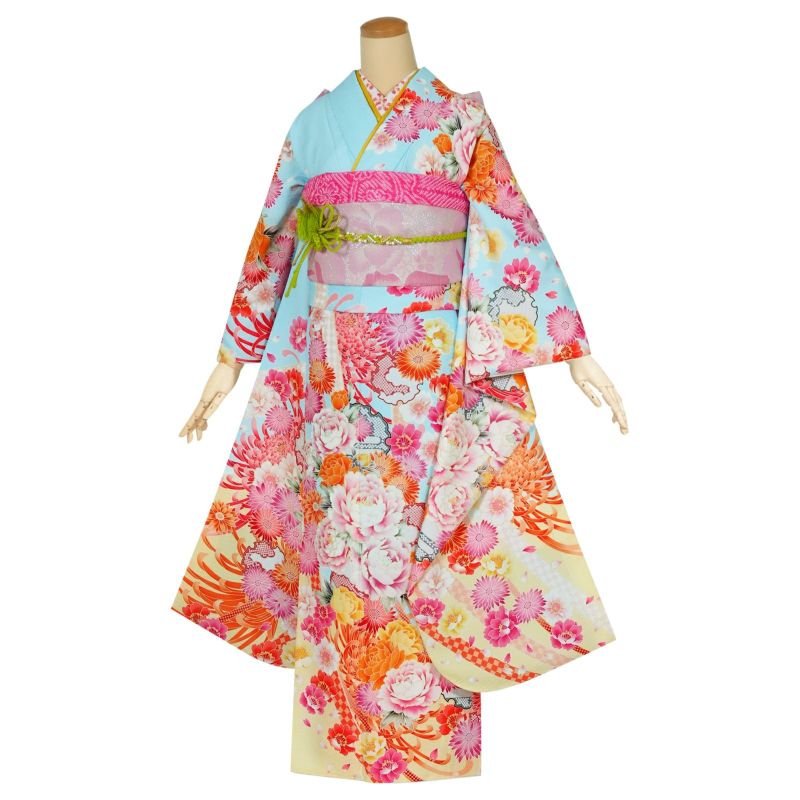 【中古品】振袖 単品「水色　雪輪に菊と牡丹」襦袢プレゼント 貸衣装処分 レンタル処分品