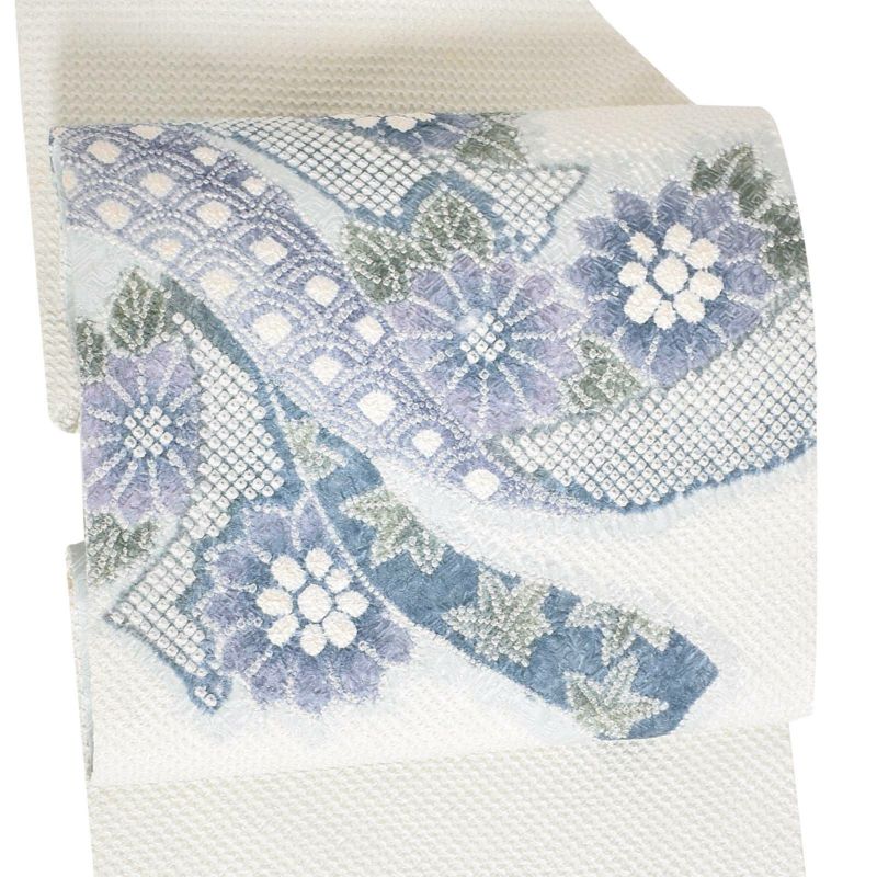 【新古品】「白地　総絞り　花に蔓帯」仕立て上がり 名古屋帯 総絞り お太鼓柄