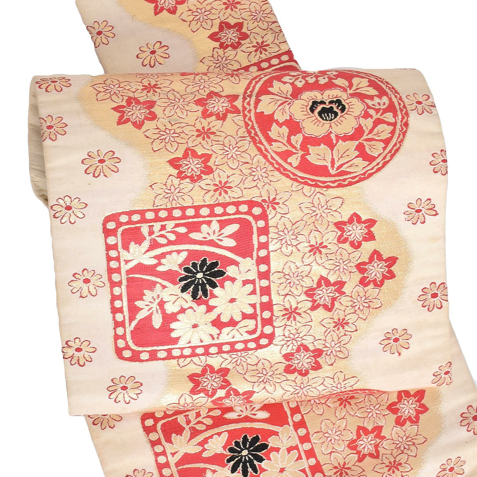 【リサイクル品】「クリーム地　金暈しに花流し　丸紋と花紋」仕立て上がり 八寸帯名古屋帯 お太鼓柄