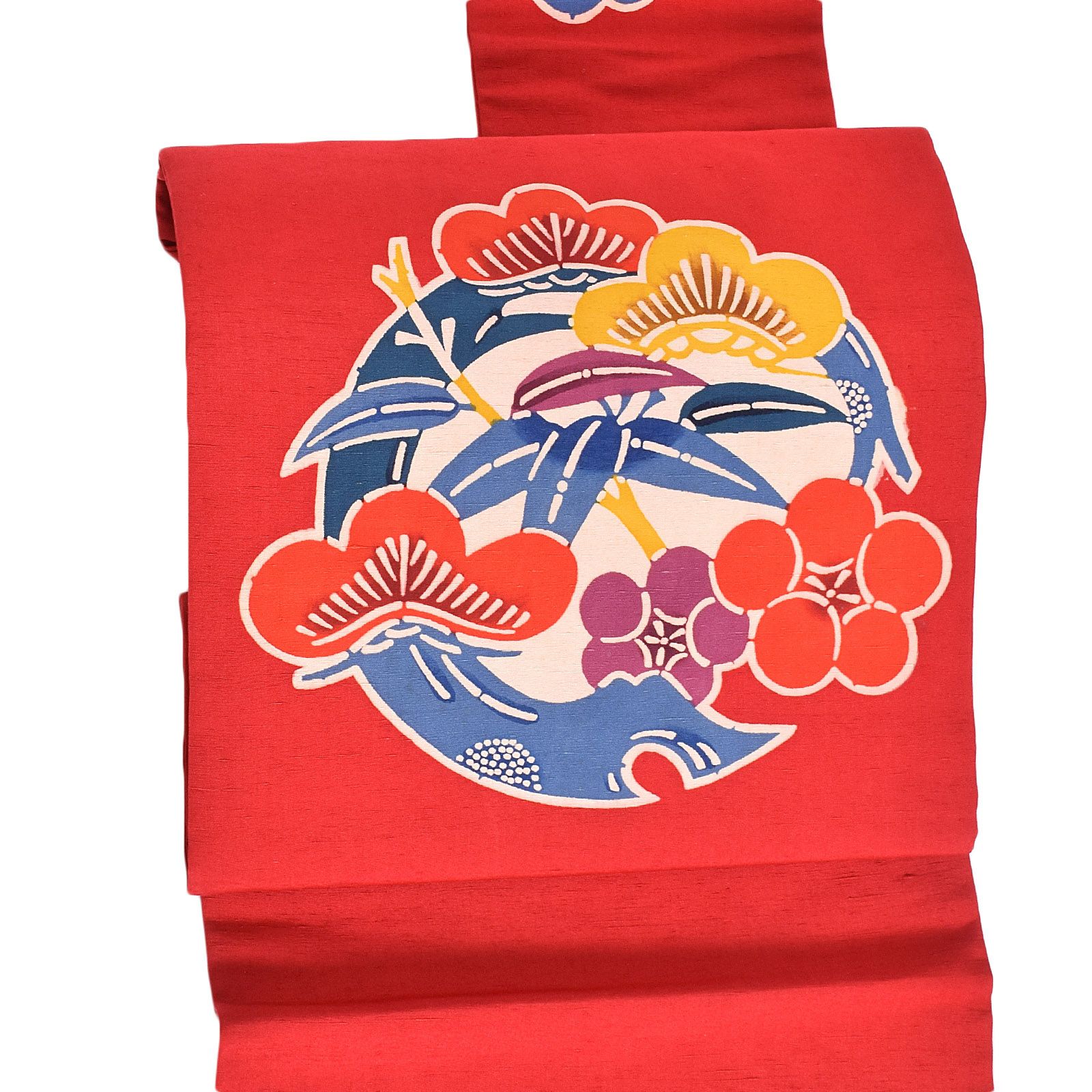 【リサイクル品】「赤　松竹梅」仕立て上がり 名古屋帯 お太鼓柄