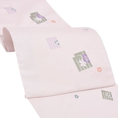 【Prices down】未仕立て名古屋帯 「桜色　源氏香文に四季花」 正絹帯 九寸帯 洒落帯 お洒落着用 西陣織 ピンク 正絹名古屋帯 日本製 絹 未仕立て 新品 未使用 京ロマン 【メール便不可】＜T＞ss2503ong10