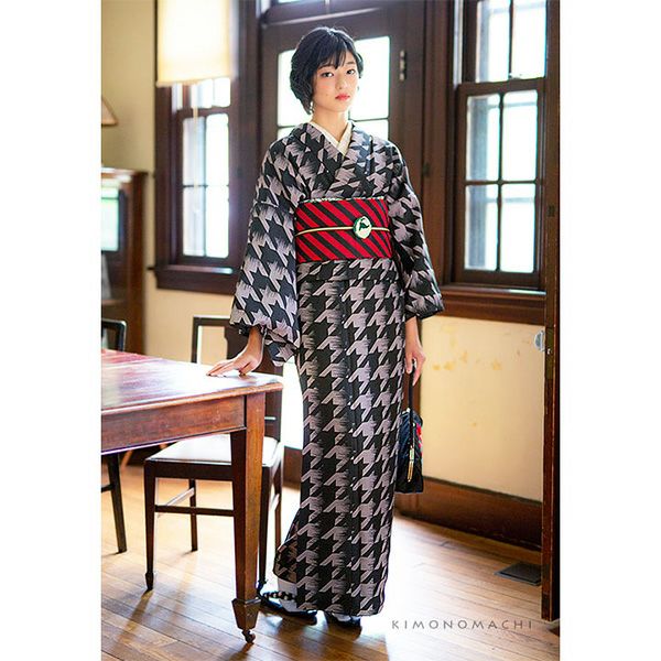 MarMu マーム 袷 千鳥格子 着物 （洗える着物 単衣着物単品 「黒グレー 